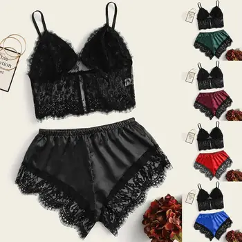 

Lingerie Sexy Bra Set Women's Sleepwear Sleeveless Strap Lace Tops Pajama Sets Bras Brief ropa interior нижнее белье комплект 4N