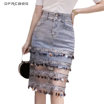 

Blue Mesh Patchwork Woman Denim Pencil Skirts With Sequins 2020 Summer Vintage High Waist Midi Skirt Jeans Streetwear Saias