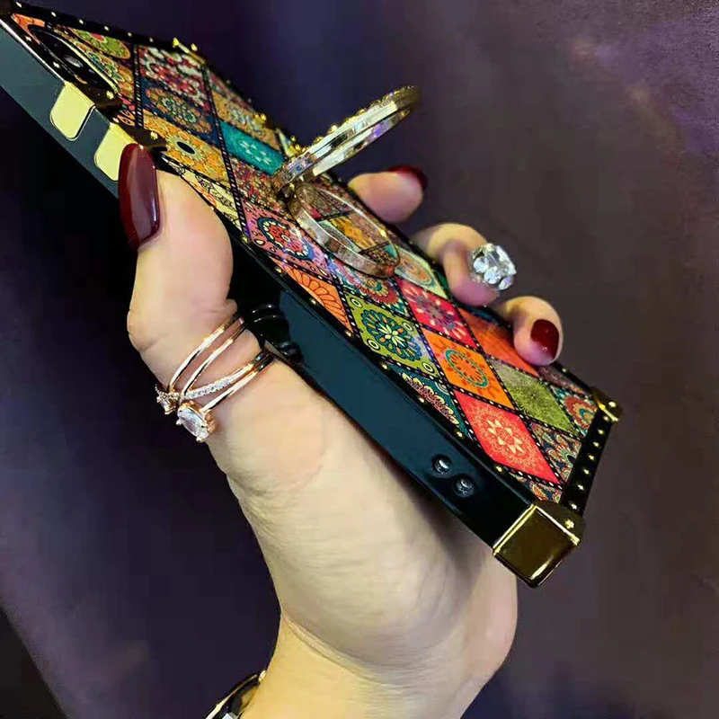 Luxury Square Blu-ray Bohemian Ethnic Style Frame Case for iPhone 7 8 Plus 6 s 11 pro xr xs Max X Soft Silicon for Samsung Cover (9)