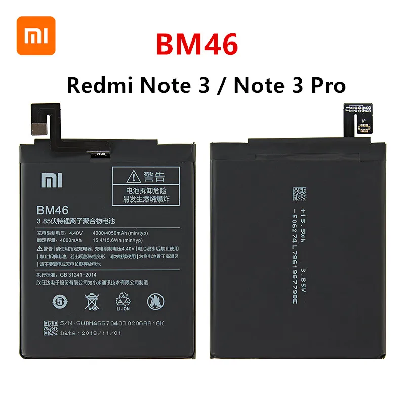 

Xiao mi 100% Orginal BM46 4050mAh Battery For Xiaomi Redmi Note 3 / Note 3 Pro BM46 High Quality Phone Replacement Batteries