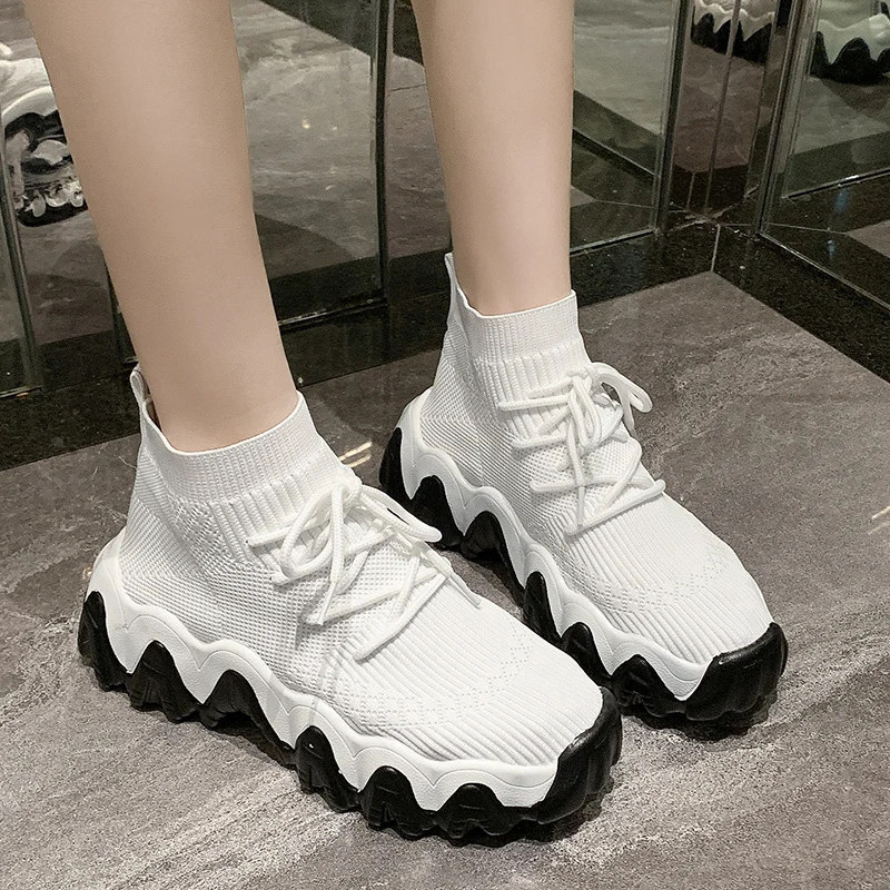 

New Sock Shoes Women Flatform Sneakers 2020 Spring Summer Breathable Knitted Shoes Woman Fashion Big Wave Platform Sneaker White