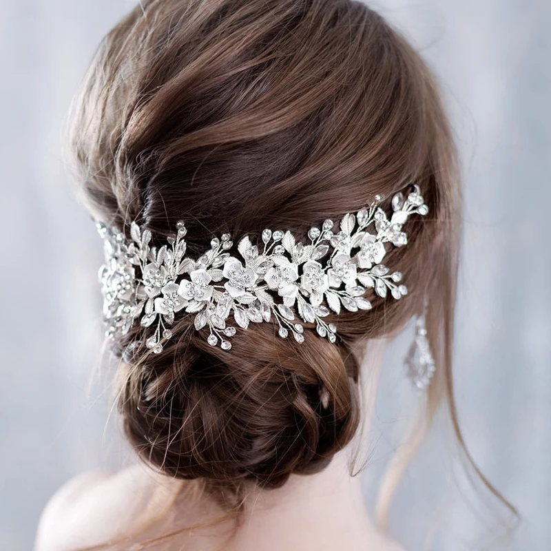 

Flower Headband Wedding Hair Accessories Silver Rhinestone Flower Bridal Tiara Headband Hair Combs Hairpins Wedding Hair Jewelry