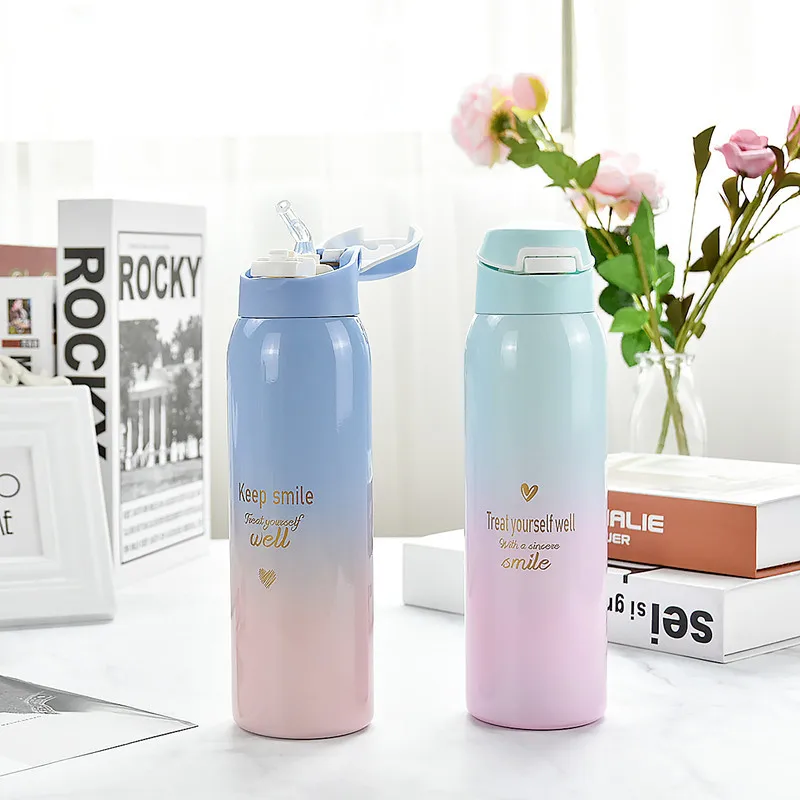 

Gradient Color Insulated Cup with Cup with Straw Sports Fitness Portable Car Mounted Glass Korean-style Cute Fresh Online Celebr