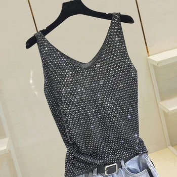 

Summer New Fashion Camisole Tanks T Shirts Women Heavy-duty Ironing And Drilling Knitting Tops Insidewear And Outwear Female Top