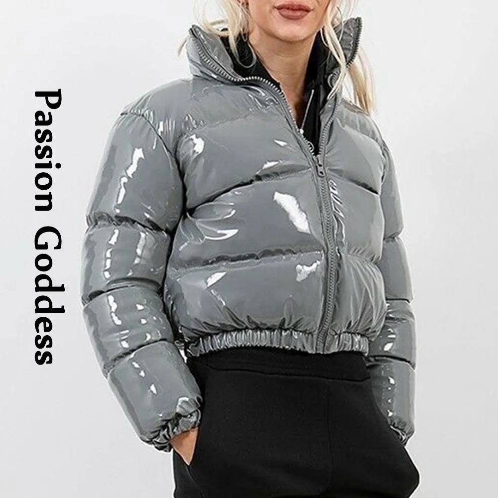 Autumn Winter Women Bright PU Puffer Jackets Warm