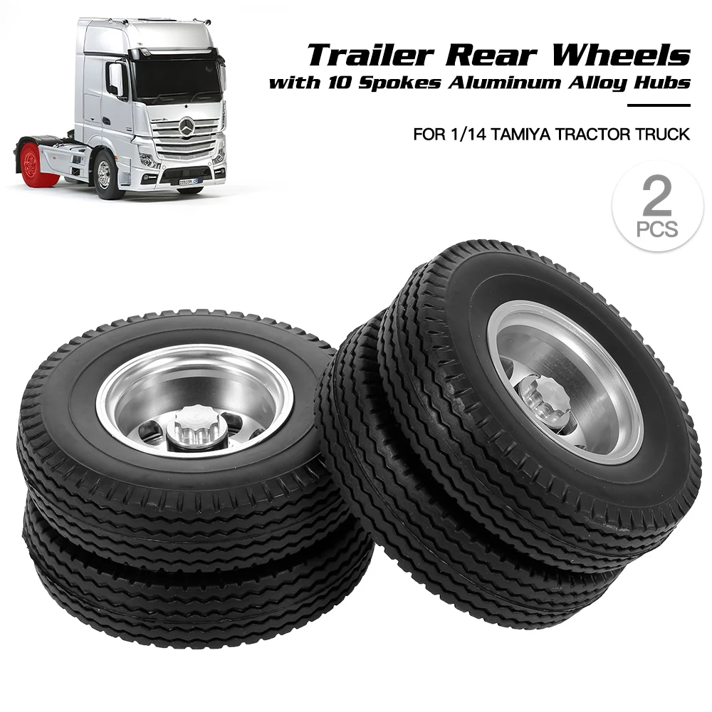 

2pcs RC Trailer Front Rear Wheels Tire Tyre with 10 Spokes Aluminum Alloy Hubs for 1/14 Tamiya Tractor Truck RC Climber Trailer