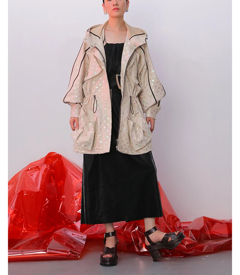 AIMENUNU Women Dot Drawstring Spliced Trench New Lapel Long Sleeve Loose Fit Windbreaker Fashion Tide Autumn Winter