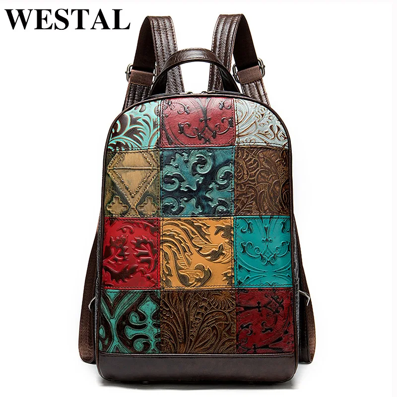 

WESTAL Women Backpack Bags Female Genuine Leather Embossing School Bag for Girls Leather Travel/Laptop Backpack Notebook Mochila