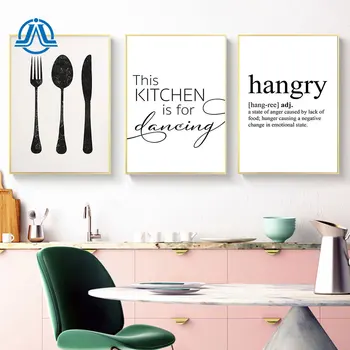 

Minimalist Canvas Painting Knife And Fork Posters And Prints Black White Hangry Quote Wall Art Kitchen Picture On The Wall Decor