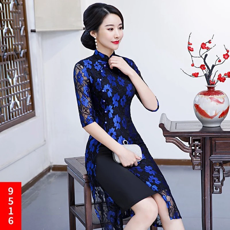 Китайское традиционное ежедневное улучшение ретро темперамент женское Aoqi cheongsam новое место элегантное тонкое повседневное кружевное платье cheongsam - Цвет: 9516