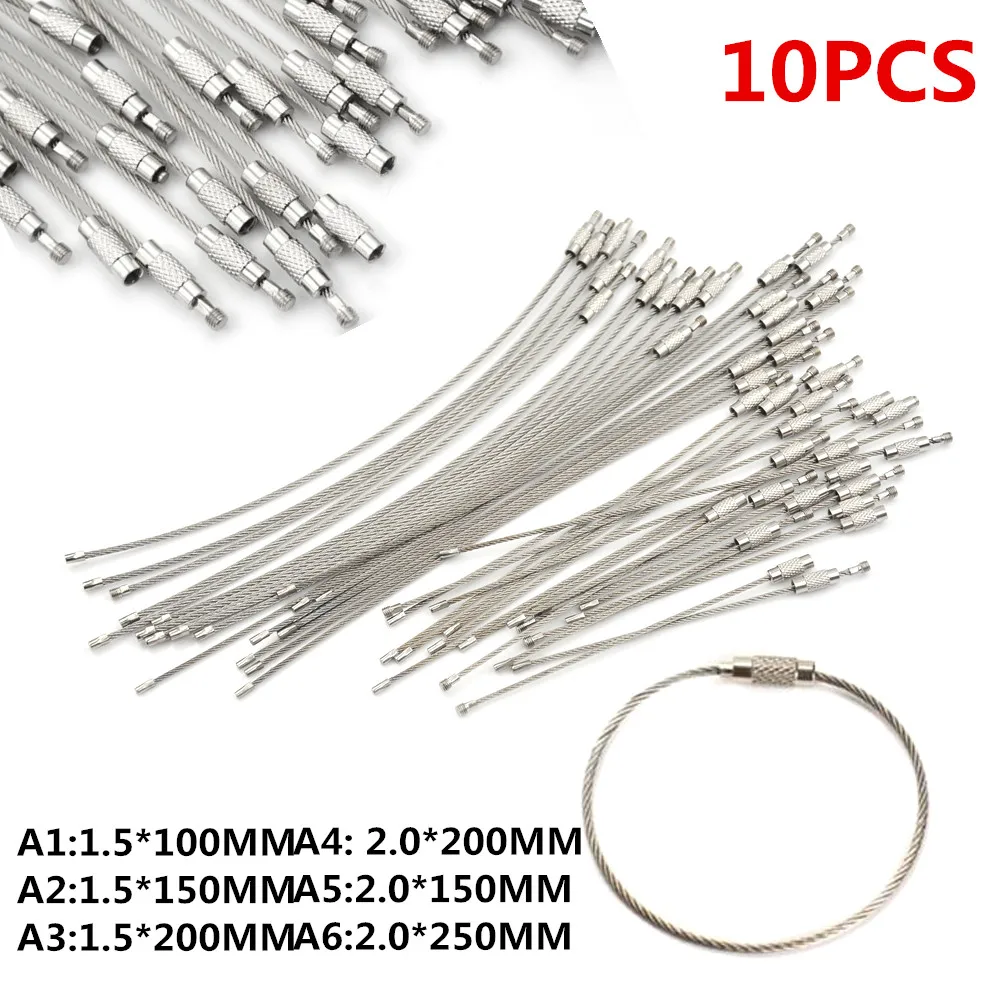 10Pcs 10/20/25cm Keychain Tag Rope Stainless Steel Wire Cable Loop Screw Lock Gadget Ring Key Keyring Circle Camps Hanging Tool