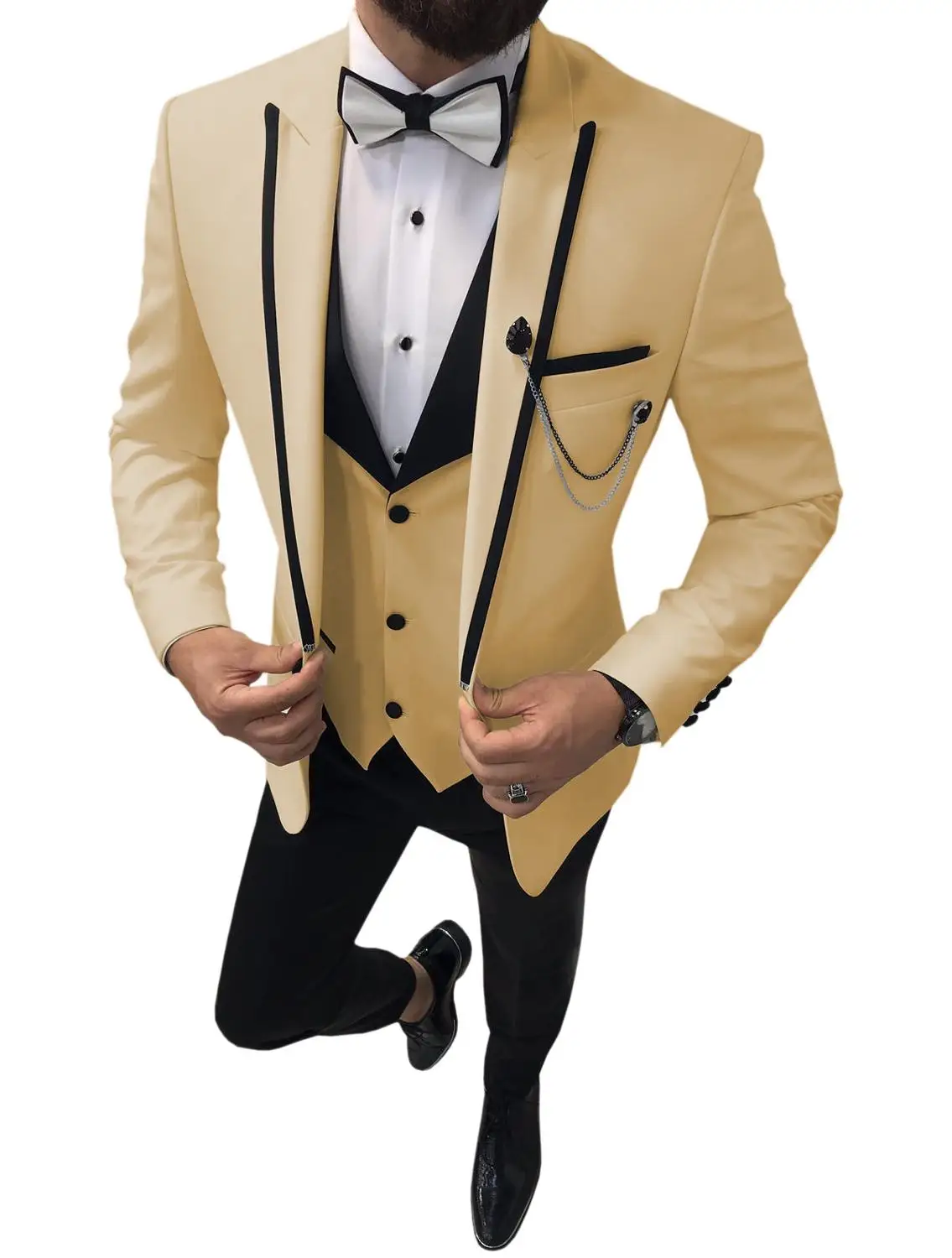 Коричневый мужской костюм из 3 предметов, приталенные Женихи, мужские повседневные свадебные костюмы с зубчатым отворотом, мужской смокинг с v-образным вырезом(пиджак+ жилет+ брюки - Цвет: Шампанское