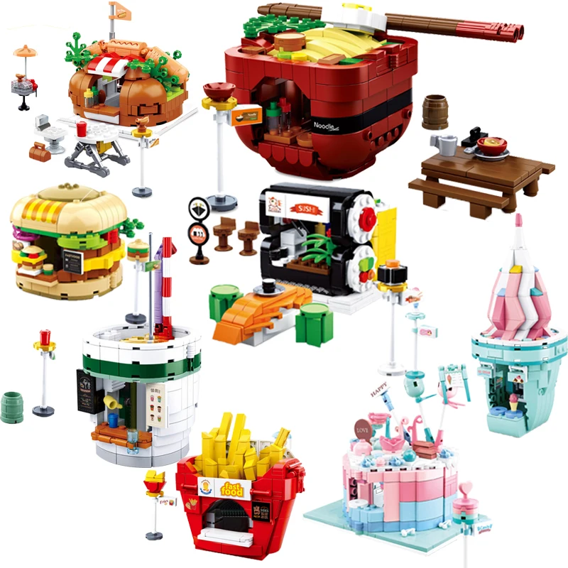 

City Street View Building Blocks Compatible LegoINGlys Snack Street Hamburger Store Blocks Sets Children DIY Shop Bricks Toys