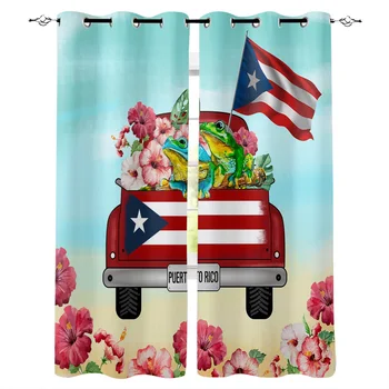 

Puerto Rico Truck Flag Hibiscus Window Curtains Home Decor Curtains for Living Room Bedroom Kitchen Items Christmas Curtains