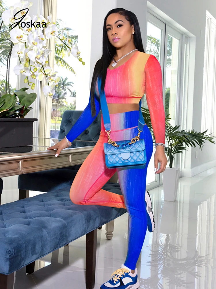 

Joskaa Fall New Women's Tie-Dye Striped Gradient Positioning Printing Outfits Sports Blouses Pants Sweatsuits Two-Piece Set