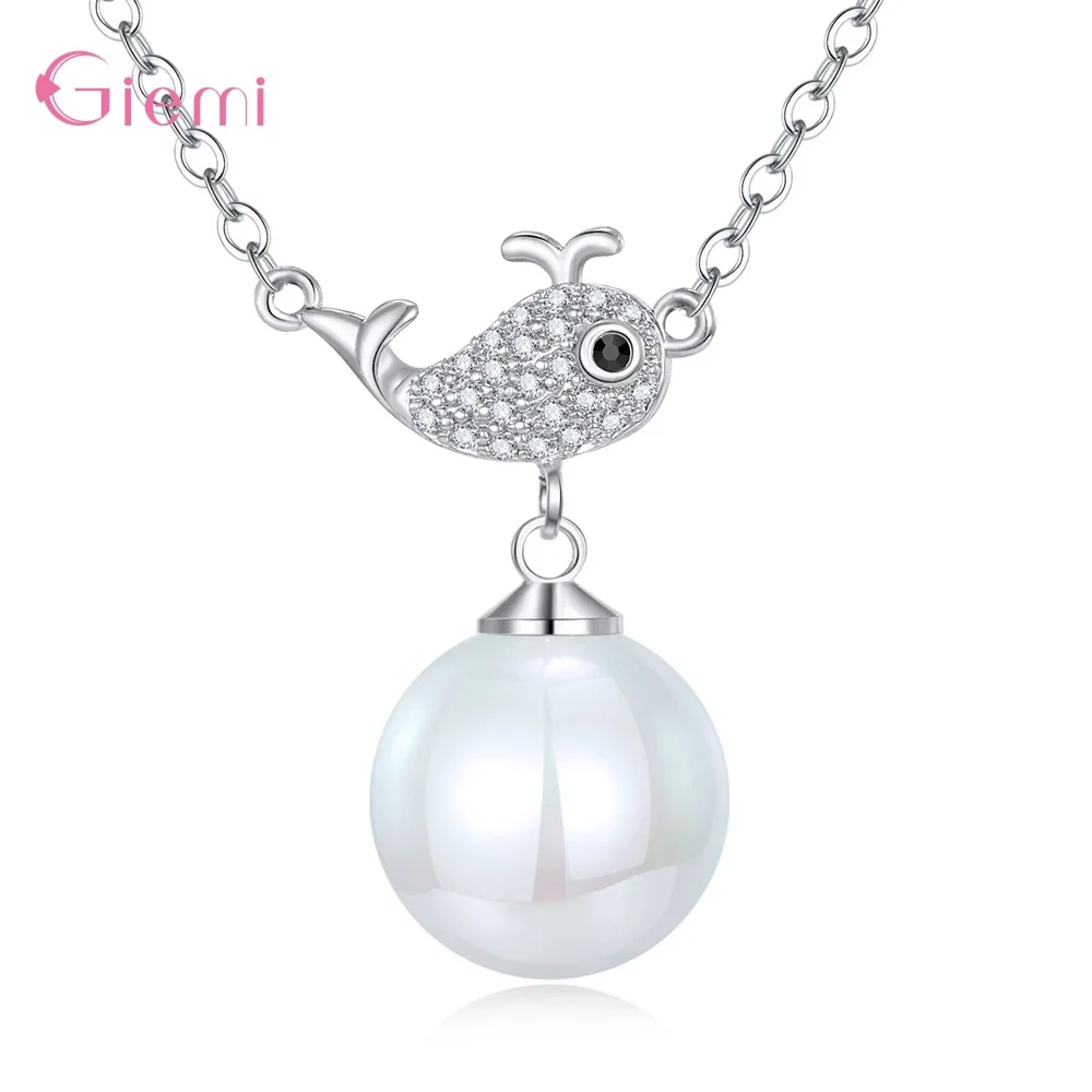 

Fashion 925 Sterling Silver Cubic Zirconia Whale Pearl Pendant Necklace for Women Girl Creative Collares Jewelry Bijoux