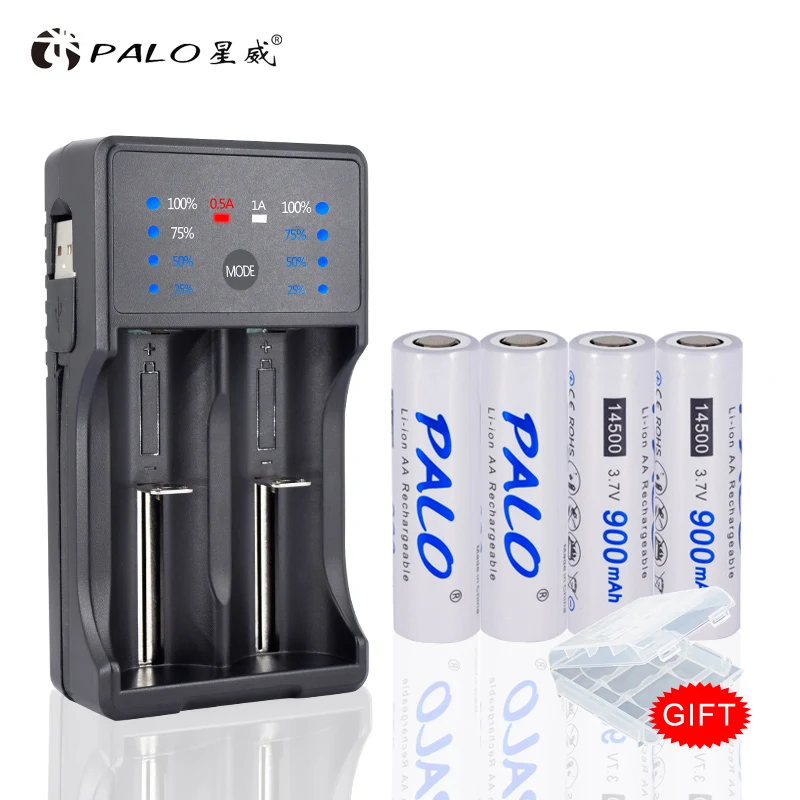 

PALO AA 14500 900mAh 3.7 V lithium ion rechargeable batteries for LED flashlight+charger for AA AAA 18650 14500 16350 18500 etc