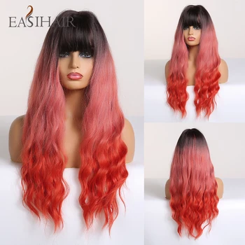 

EASIHAIR Long Black to Red Ombre Wave Synthetic Wigs For Women Afro Red Wig High Temperature Party Cosplay Wig Heat Resistant