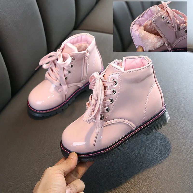 Размер 21-30; Детские Ботинки martin из искусственной кожи; Водонепроницаемая Обувь для маленьких мальчиков; модные ботинки принцессы для девочек; детские зимние ботинки - Цвет: Pink Plush