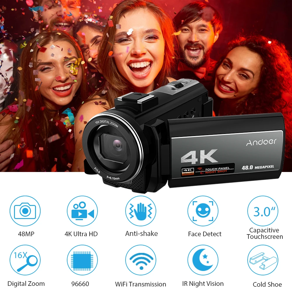 

Portable 4K 48MP WiFi Digital Video Camera Camcorder with External Microphone 3.0" Touch Screen Video Camera High Quality