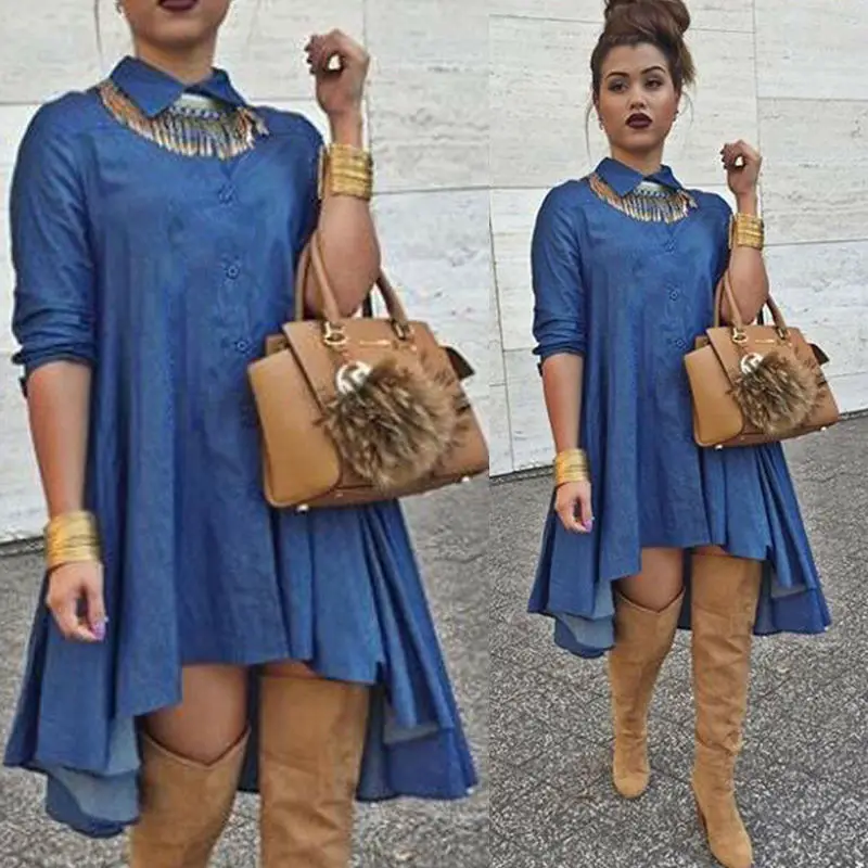 2019 Retro Fashion Ladies Women's Blue Jeans Denim T-Shirt Long Sleeve Casual Loose Shirt Dress Blouse Jumpsuit | Женская одежда