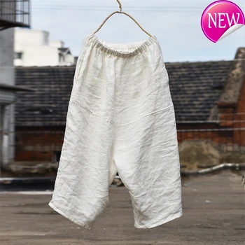 

Elastic Women Loose Waist Ramie Wide Leg Pants Ladies Plus Size 2020 Spring Summer Trousers Female Embroidered Pants