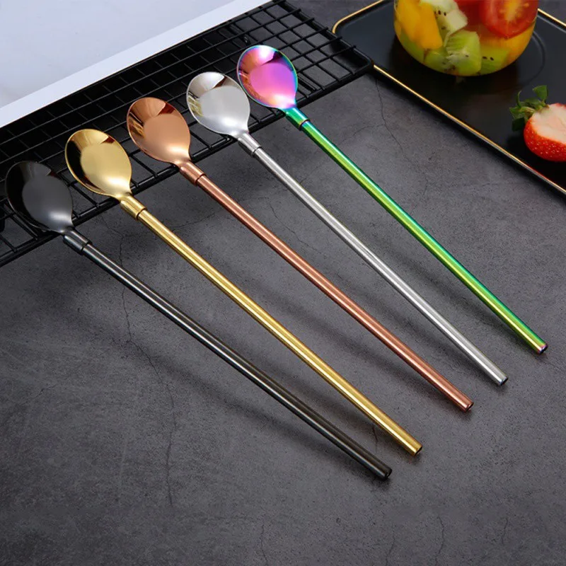 Stainless Steel Friendly Drinking Straw Spoon With Long Handle Milk Tea Spoon Kitchen Tableware Colorful Straw