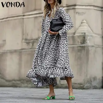 

Fashion Women Sundress VONDA 2020 Autumn Maxi Dress Kaftan Casual Loose Leopard Printed Tunic Vestido Female Robe Plus Size 5XL