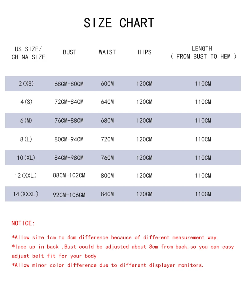 英文版尺码表 - 绑带中长款
