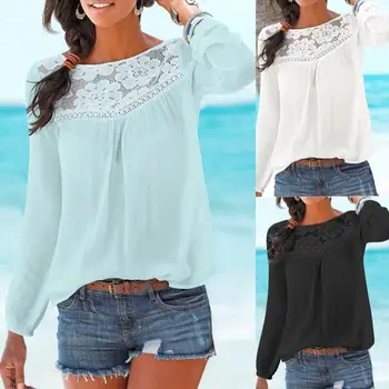 

Fashion Women Solid Color Lace Patchwork Loose Long Sleeve Round Neck Blouse Top