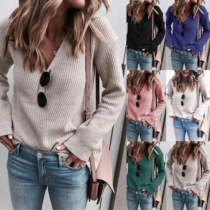 

2019 Winter Sexy V-Neck Knit Tops Female Loose Knitted Sweater Elegant Autumn Casual Long Sleeve Pullovers Elegant Jumper Mujer