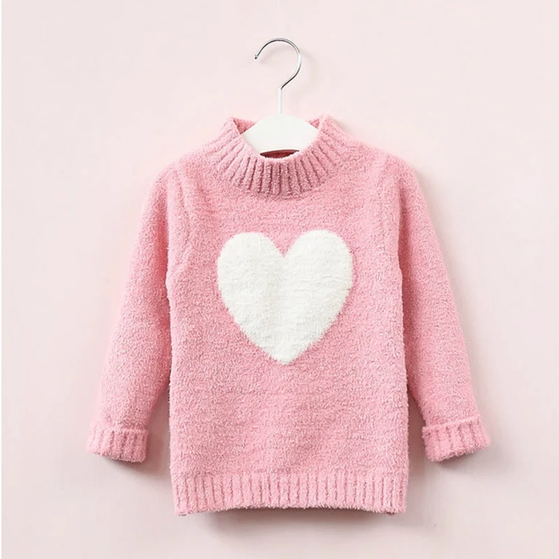 Baby Girl Sweater Winter Autumn Long Sleeve Warm Knitted Sweater Girl Heart Pattern Half High Collar Soft Pullover Tops for 3-8Y - Цвет: Pink