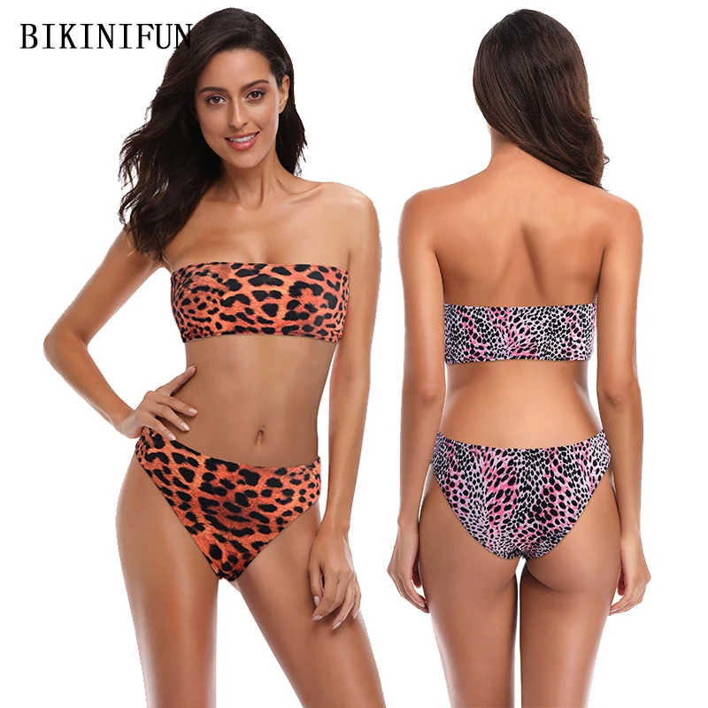 

2020 New Sexy Leopard Print Swimsuit Women Strapless Bandeau Swimwear Backless Bathing Suit S-XL Girl High Waist Bikini Set