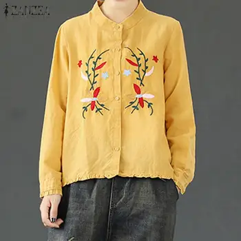 

2020 ZANZEA Vintage Embroidery Shirts Women's Long Sleeve O Neck Blouse Plus Size Blusas Chemise Female Button Down Tunic Tops