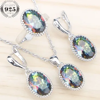 

Rainbow Zircon Costume Jewelry Sets Silver 925 For Women Wedding Rings Earrings Pendant Necklace With Stones Free Gift Box