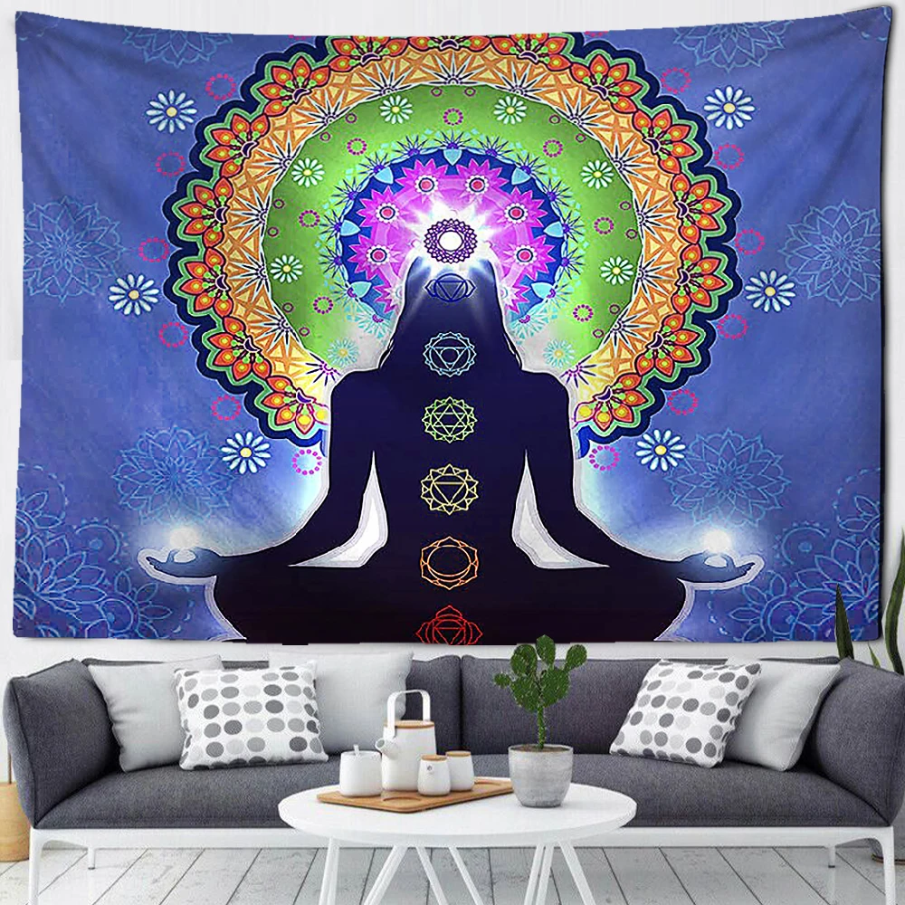 Wall Hanging Indian Buddha, Meditation 7 Chakras Tapestry Wall Hanging, Mandala Psychedelic Yoga Tapestry, Bohemian Hippie Backg 2