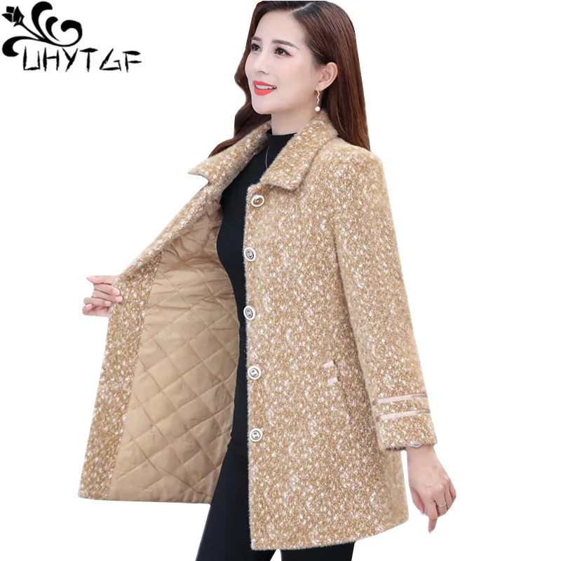 

UHYTGF Winter Coat Womens Quality Mink Fleece Woolen Jacket Fashion Single-Breasted Thicken Casual Warm Big Size Outerwear 1341