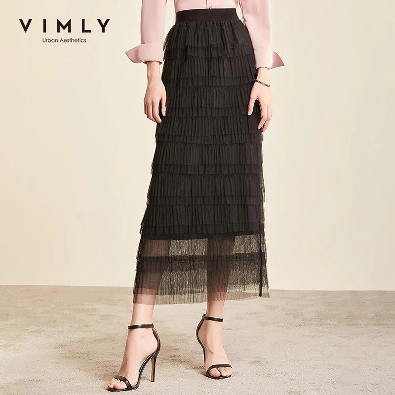 Vimly 2020 Осенняя Женская сетчатая юбка с высокой талией Элегантная офисная Дамская однотонная Многоуровневая