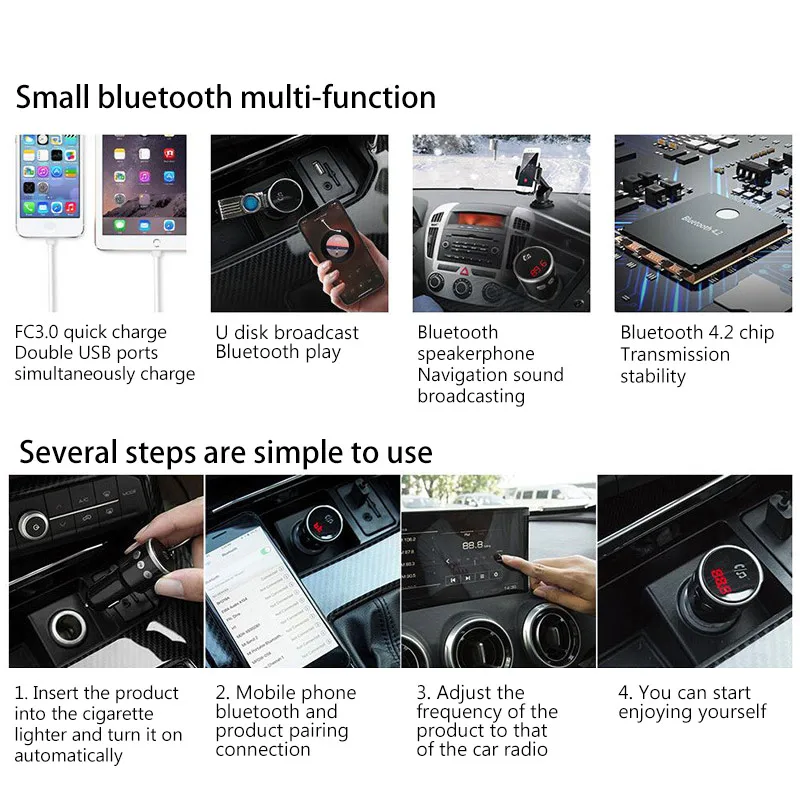 Быстрая зарядка автомобиля с fm-передатчиком MP3-плеер Bluetooth 4,2 аудио приемник двойной USB порт зарядка Быстрая зарядка 3,0 в автомобиле
