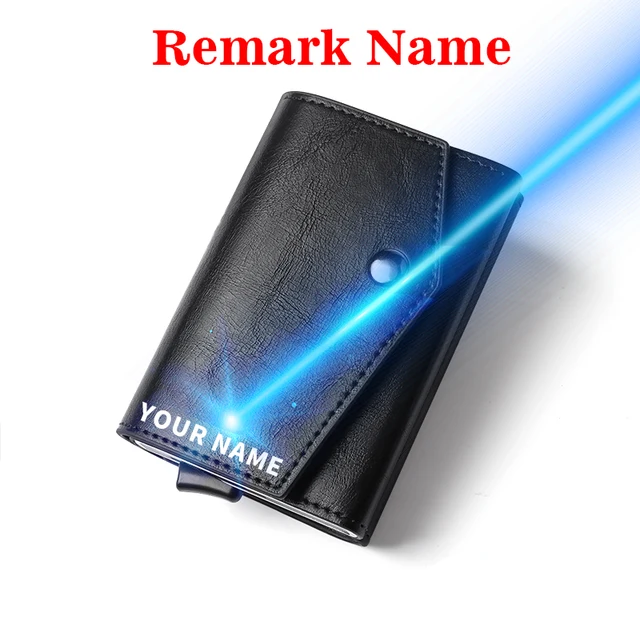 Aluminum Metal Pop up Credit Card Wallet 2021 New Fashion Men RFID NFC Protection Tri-fold PU Synthetic Vintage Smart  Wallet Black(Name Service)