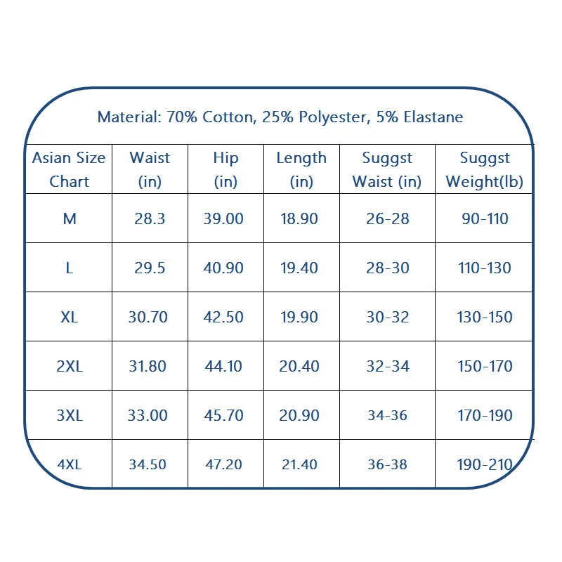 运动短裤尺码表