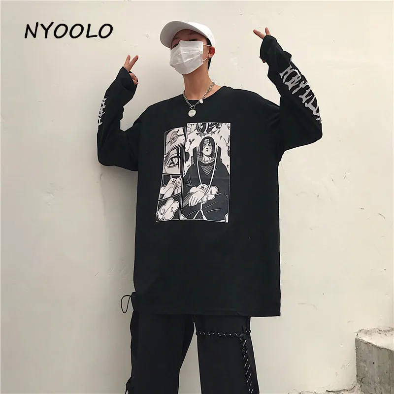 NYOOLO Осенняя винтажная Аниме Наруто с буквенным принтом Футболка Harajuku уличная свободная футболка с круглым вырезом для мужчин и женщин одежда Топ