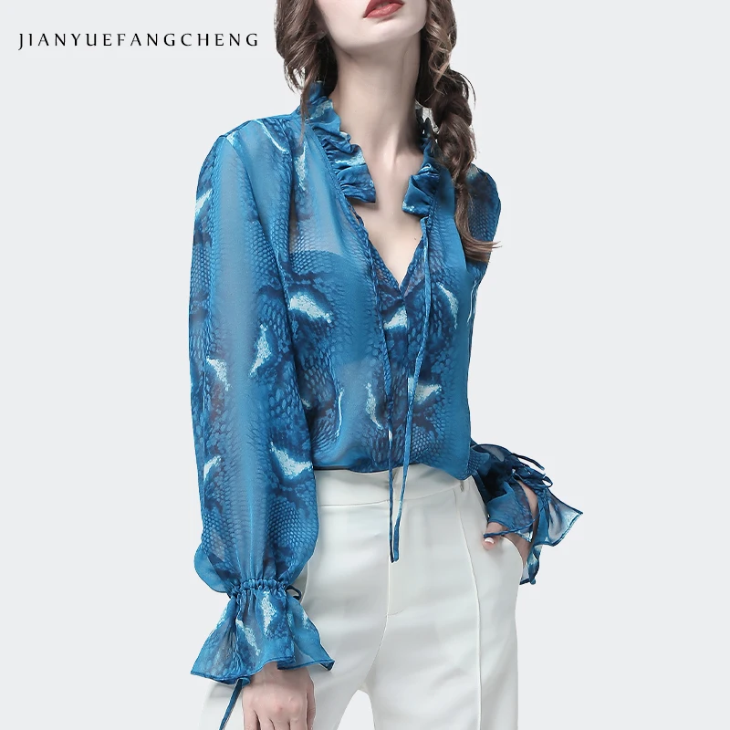 

Women' Blouse Blue Chiffon Snake Skin Printed Summer Autumn Blouses Ruffled V-Neck Flared Sleeve Elegant Sexy Tops With Bra Free