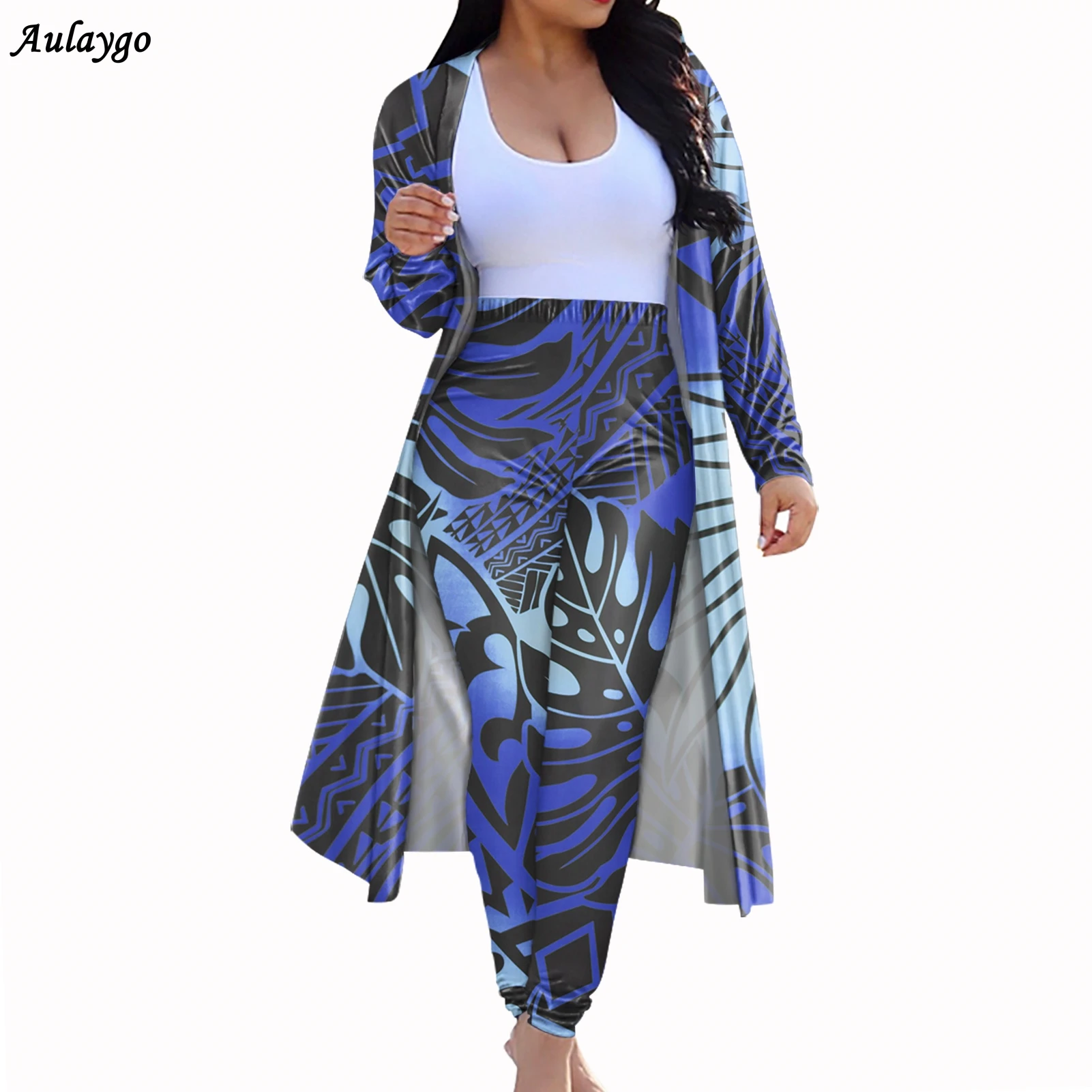 

Aulaygo Hawaiian Two Piece Pants Set Women Polynesian Tonga Design Casual Long Sleeve Cardigan Overcoat Slim Fit Bodycon Pants