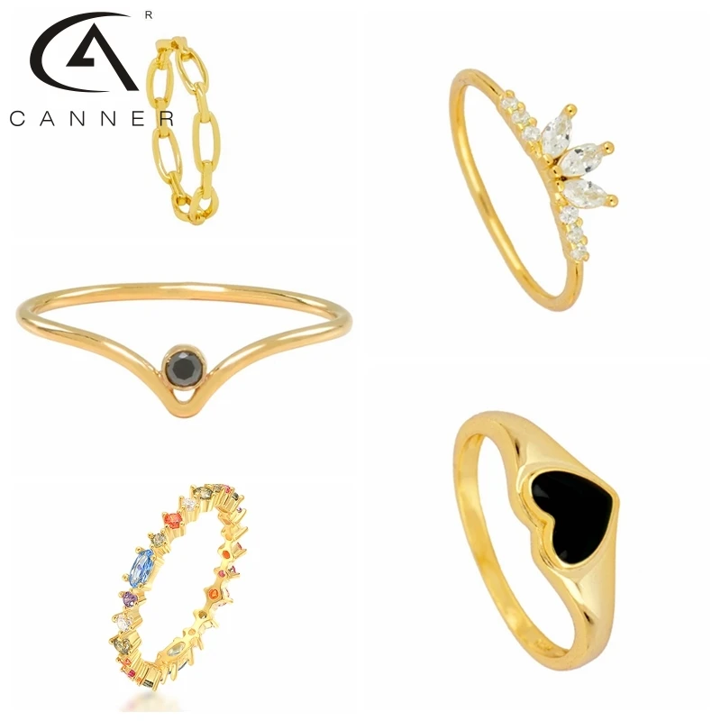 CANNER Ins Black Crystals Heart Gold Rings for Women Wedding Finger 925 Sterling Silver Jewelry Anillos Ring Engagement | Украшения и