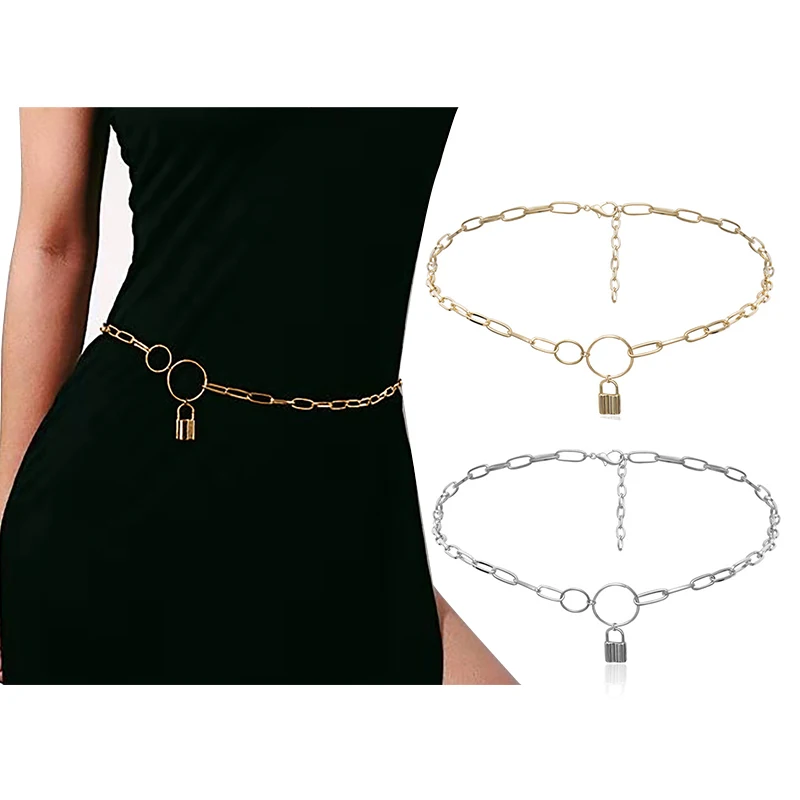 

AWAYTR Women Fashion Belt Lock Design Hip High Waist Band Gold Sliver Narrow Adjustable Metal Chain Chunky Fringes Accessories