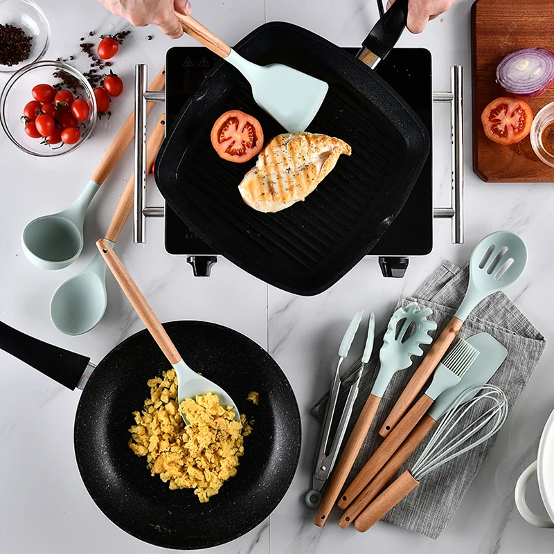 1 шт. силиконовые инструменты для приготовления пищи набор кухонной посуды с ящиком для хранения токарные щипцы шпатель с деревянной ручкой Антипригарная посуда