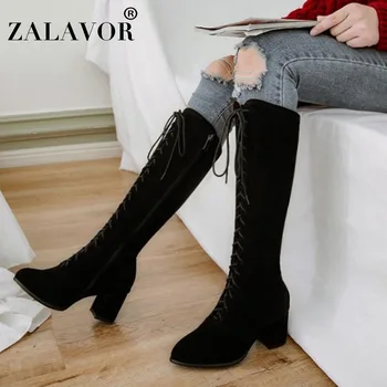 

ZALAVOR Women Knee High Boots Cross Strap Square Heel Shoes Women 2020 New Office Lady Winter Warm Fur Long Boots Size 33-43