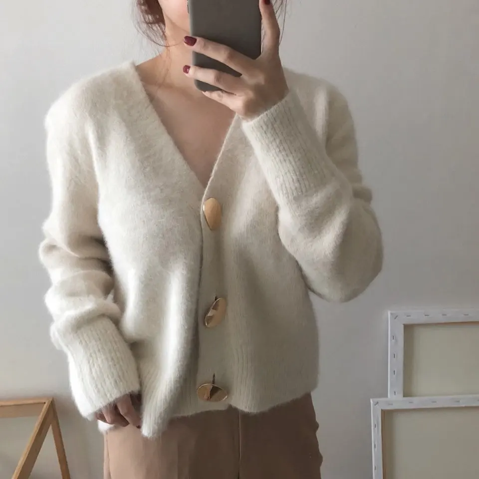

Elegant Women Solid Cardigans Sweaters Autumn Winter Casual V-Neck Knitted Sweater Office Lady Solid Clothes Tops