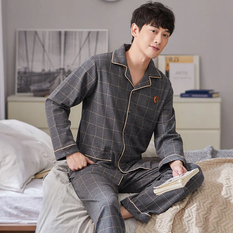 New Winter 100% Cotton Pajamas for Men Bedroom Lounge Sleepwear Pyjamas Plaid Gray Home Clothes PJs Man's Pijama Hombre Invierno